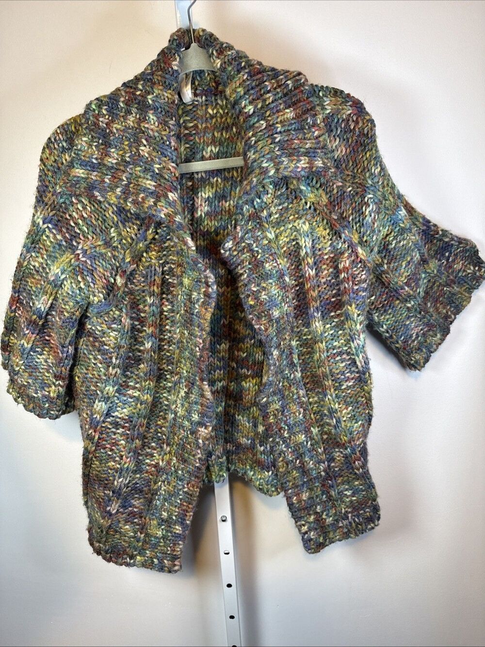 Chunky Open Cardigan Rainbow Wool Blend 3/4 Bell Sleeve sz Lg Leo & Nicole